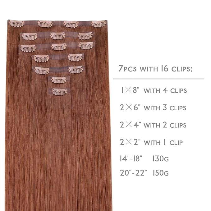 WENNALIFE Seamless Clip In Hair Extensions Human Hair, 16 Inch 130g 7pcs Dark Auburn Copper Real Hair Extensions Clip in Human Hair Invisible PU Skin Weft Natural Remy Human Hair Extensions