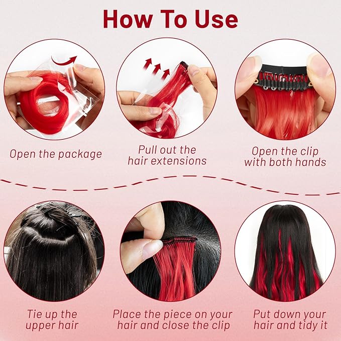 16 Pcs Colored Hair Extensions Curly Wavy Clip in Synthetic Hairpiece Streak for Girls Women Kids,Colorful Party Highlights Christmas New Year Cosplay Festival Gift(Red)