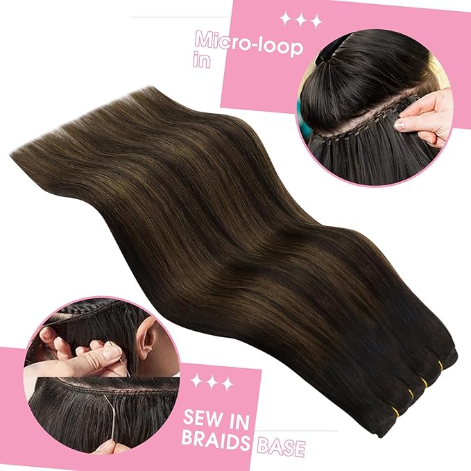YoungSee Sew in Hair Extensions Real Human Hair Brown Balayage Weft Extensions Darkest Mixed Medium Brown Human Hair Sew in Extensions for Natural Look 16Inch 100G