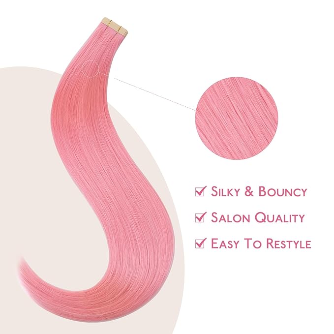 WENNALIFE Tape in Hair Extensions, Human Hair Peach Pink, 10pcs 20g 10 inch Remy Invisible Tape, Straight Colored Soft Real Human Hair Refill Set