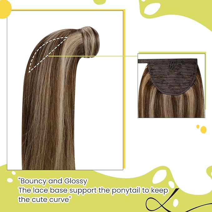 RUNATURE Ponytail Extension Real Human Hair, Wrap Around Human Hair Ponytail for Women, Natural Blends Magic Paste Ponytail for Daily Wearing, 14 Inch 70g #3P12 Walnut Brown Highlight Honey Blonde