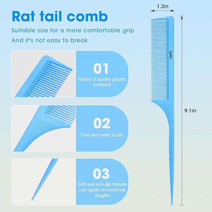 Rat Tail Comb 2Pcs Rat Tail Combs for Women, Fine Tooth Parting Tip Carbon Fiber Root Teasing Anti Static Combs for Styling (2Pcs Blue)