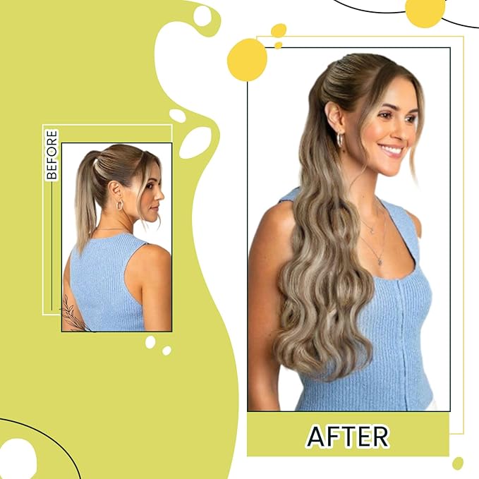 RUNATURE Straight Ponytail Extension Human Hair Balayage Walnut Brown to Ash Brown with Bleach Blonde Short Ponytail Human Hair Extensions 14 Inch 70g Full Ends Thick Pony Tails Hair Extensions Soft