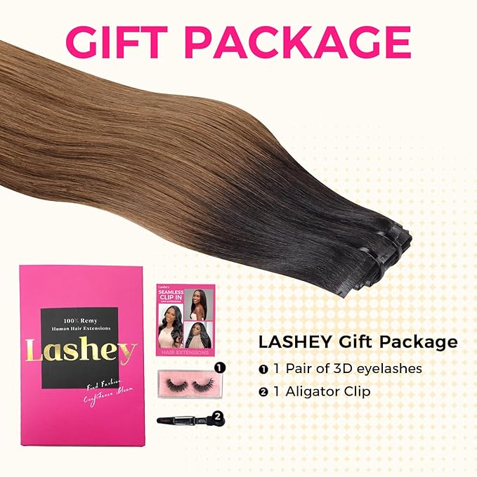 Lashey Seamless Clip in Hair Extensions Human Hair 14 Inch 110g 7pcs Yaki Straight Ombre Natural Black to Medium Auburn Clip in Hair Extensions with Soft PU weft