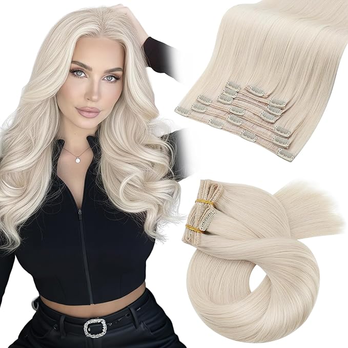 Moresoo Blonde Human Hair Clip in Extensions White Blonde Clip in Extensions Remy Human Hair Full Head for Women Long 120g/7pcs 20 inch