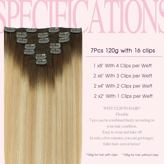 PINKPEARL Clip in Hair Extensions Real Human Hair, Remy Human Hair Extensions Clip ins, 16inch 120g 7Pcs, #4/27/60 Balayage Chocolate Brown to Caramel Blonde and Platinum Blonde(#4/27/60-16)
