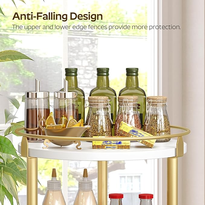 Lazy Susan Organizer, Rotating Spice Rack, 2 Tier Spice Turntable Organizer, Industrial Turntable Spice Holder, for Kitchen Countertop and Cabinet, Compact and Versatile, White and Gold SR22DW