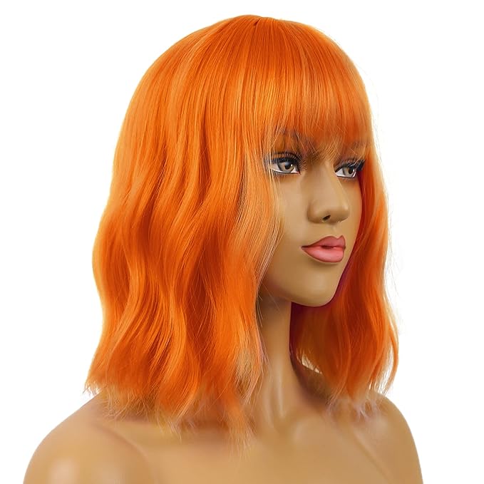 LANICE Short Bob Wigs with Bangs for Women Loose Wavy Hair Shoulder Length Orange Wigs Synthetic Colorful Wigs for Cosplay Daily PartyUse(Orange,12inch)