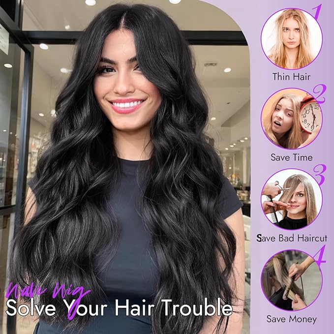 Black Wig for Women Long Wavy 4x1 Lace Natural Hairline Glueless for Beginners Middle Part Synthetic for Daily Party Use 30Inch