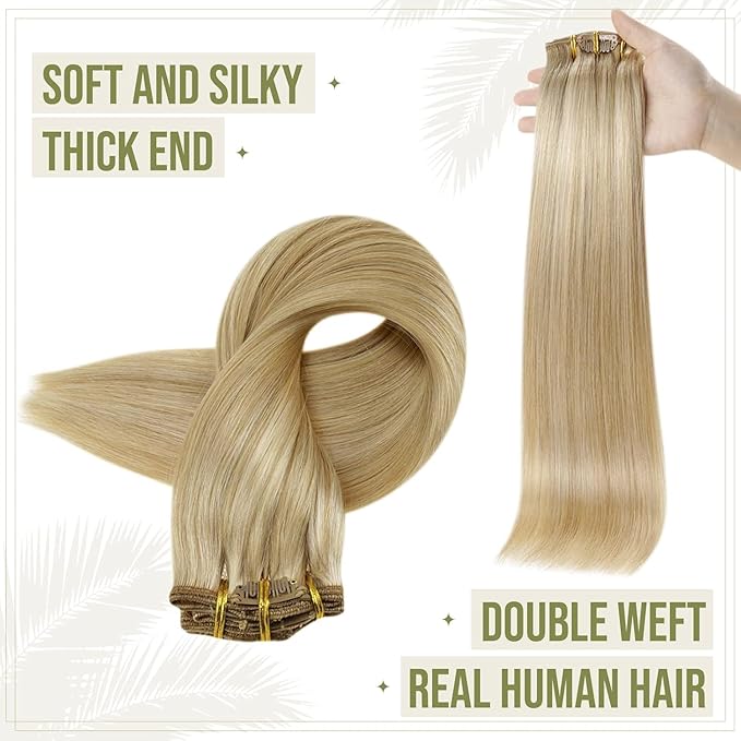 Full Shine Clip in Hair Extensions Human Hair Blonde Clip in Real Human Hair Extensions Honey Blonde Highlighted Platinum Blonde 120 G 16 Inch