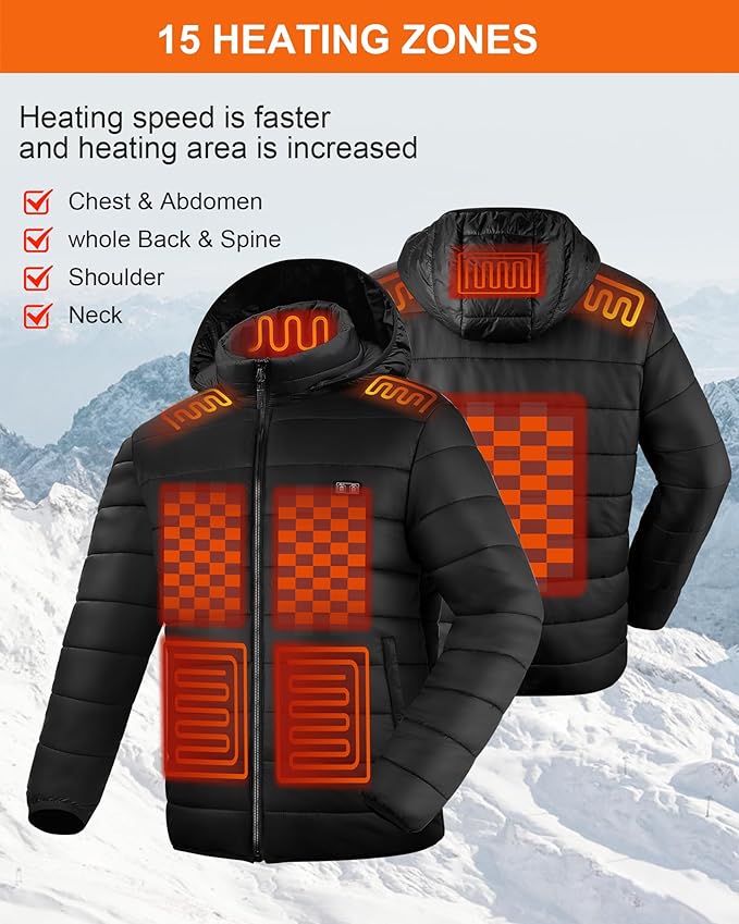 Heated Jacket for Men and Women, Black Winter Coat with Bαtterγ Pack,15 Heating Zone Heated Coat