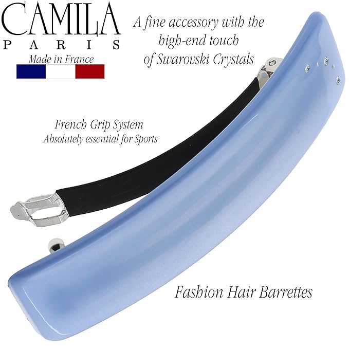 Camila Paris CP3444 French Hair Barrette Clip for Girls, Blue, Rubberized Automatic Clasp Strong Hold Grip Hair Clips for Women, No Slip and Durable Styling Girls Hair Accessories, Made in France