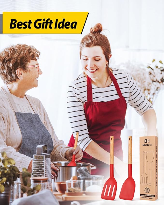 Pack of 2 Silicone Cooking Spatula, Heat Resistant Solid Turner, Non Stick Slotted Spatulas with Wooden Handle,Ideal Wood Kitchen Utensils Set for Frying, Baking, Flipping, Turning (RED)