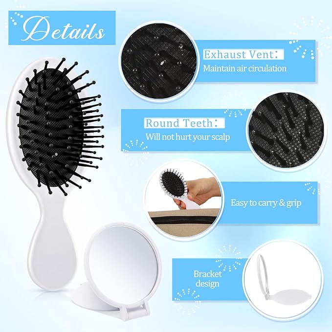 Meanplan 48 Pcs Mini Hair Brush Set 24 Travel Wet Dry Hair Combs Pocket Detangling 24 Compact Folding Makeup Mirrors for Spa Sleepover Birthday Bridal Shower Bachelorette Christmas Party Gift(White)