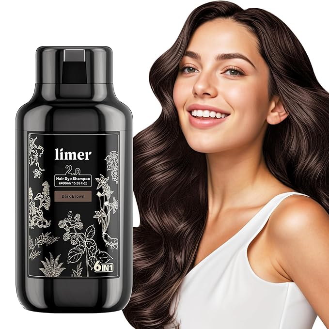 Black hair dye bottle with floral design next to a woman with long, wavy hair.