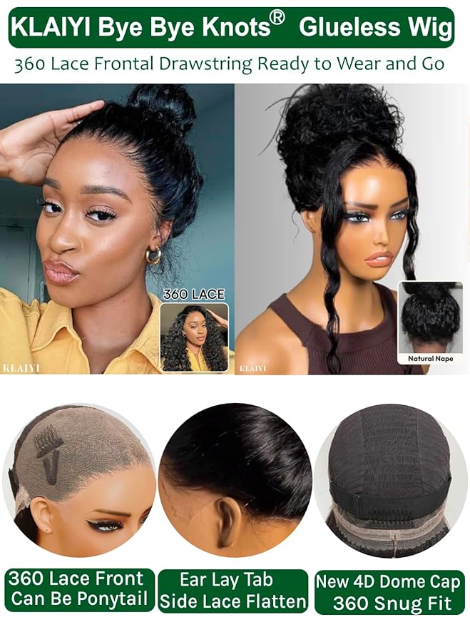 KLAIYI Water Wave Pre Cut 360 Full Lace Frontal Glueless Wig Human Hair Drawstring Pre Plucked Bleached Bye Bye Knots Pre Everything Ready to Wear And Go Curly Beginner Wig with Baby Hair 180% 24Inch