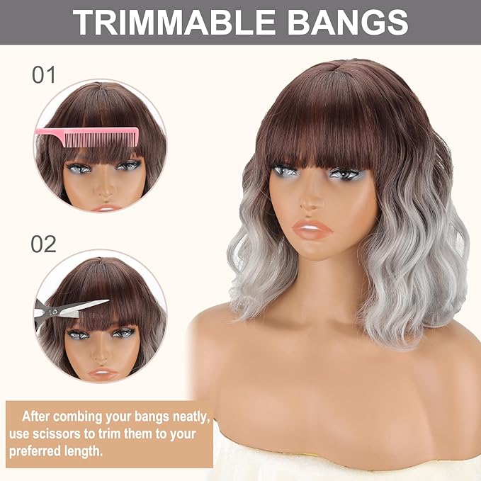 MISSQUEEN Short Ombre Silver Wigs for Women Grey Wavy Bob Wig with Bangs Medium Length Synthetic Hair Water Wave Dark Roots Wig Gray Colorful Wigs
