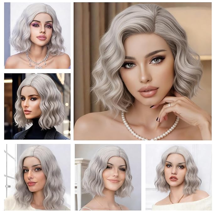 BUFASHION 14" Women Short Silver Kinky Straight Cosplay Synthetic Wigs With Air Bangs 46 Colors Available (Silver)