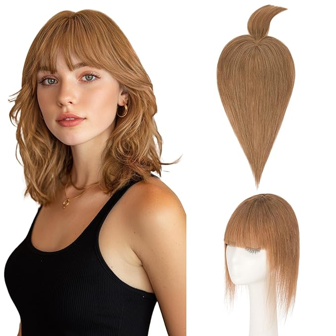 Hairro Mono Hair Toppers with Bangs, 3.4" x 3.4" Mono Base 100% Real Human Hairpieces for Women, 150% Density Clips In Topper for Greyish Thinning Hair, 10 Inch Blondish Brown