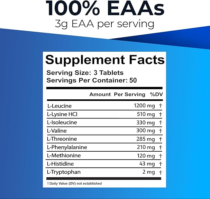 Ultimate 100% Essential Amino Acid Supplement for Cutting, Fasting & Workouts - All 9 EAAs, 40% Leucine — Ideal BCAA Ratio for Energy, Muscle & Recovery - 150 Easy-to-Swallow Keto & Vegetarian Tablets