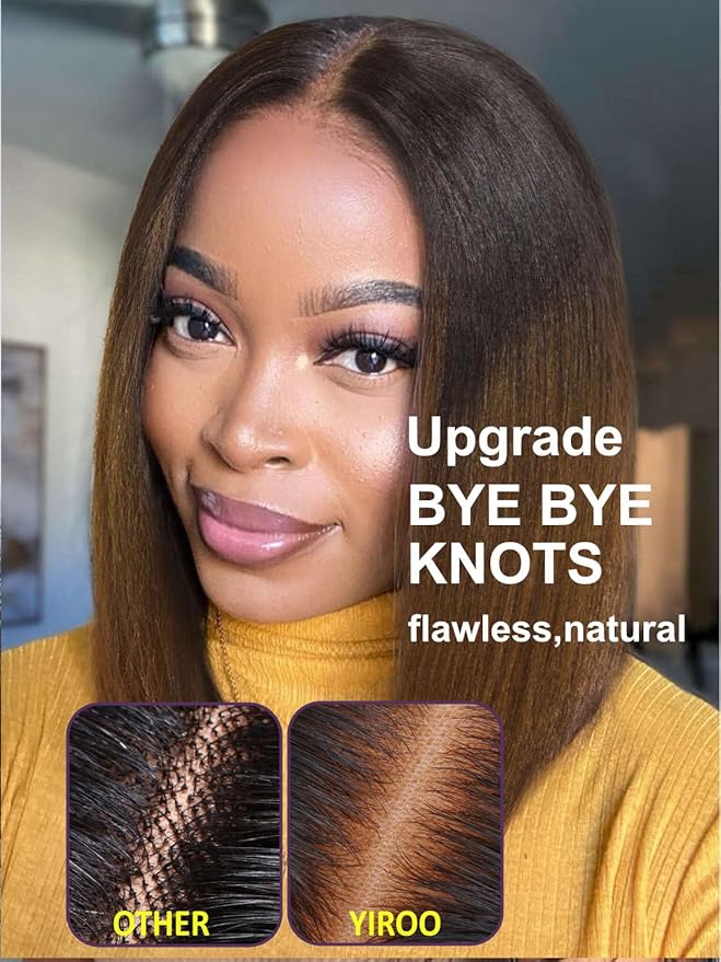 YIROO Chestnut Brown Ombre Yaki Straight Bob Wig Human Hair, 13x4 Lace Front Glueless Wig with Drawstring, Pre Everything Pre Cut Pre Plucked Pre Bleached Knots Natural Hairline Short Bob Wig 12Inch