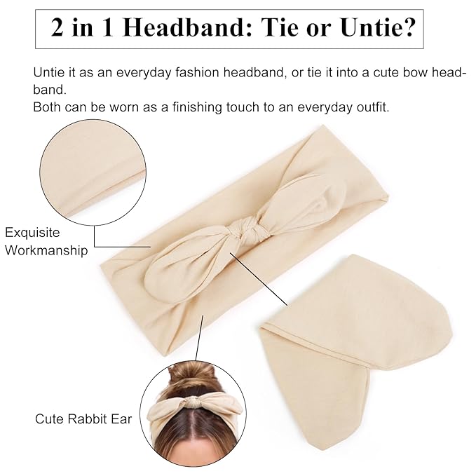 Tobeffect Bow Headbands for Women Non Slip, 3.5'' Wide Knotted Headband Hair Bands with Bows, Rabbit Ears Womens Turban Headbands Headwraps, Girls Strechy Cute Hair Accessories