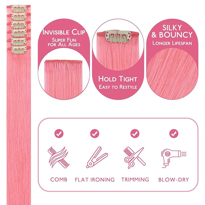 WENNALIFE Peach Pink Clip in Hair Extensions Real Human Hair 35g 6pcs 24 Inch Colored Hair Extensions for Kids Women Colorful Hair Pieces Pop-up Style Straight Extensiones De Cabello Humano Con Clip