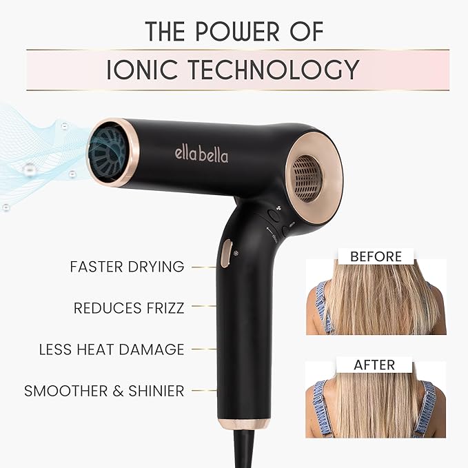 ELLA BELLA® Professional Ionic Hair Dryer (Foldable) • Negative Ion Blow Dryer • Perfect for Travel • Intelligent Heat Control & Rapid Drying Speeds • Lightweight Design • Low Noise Technology