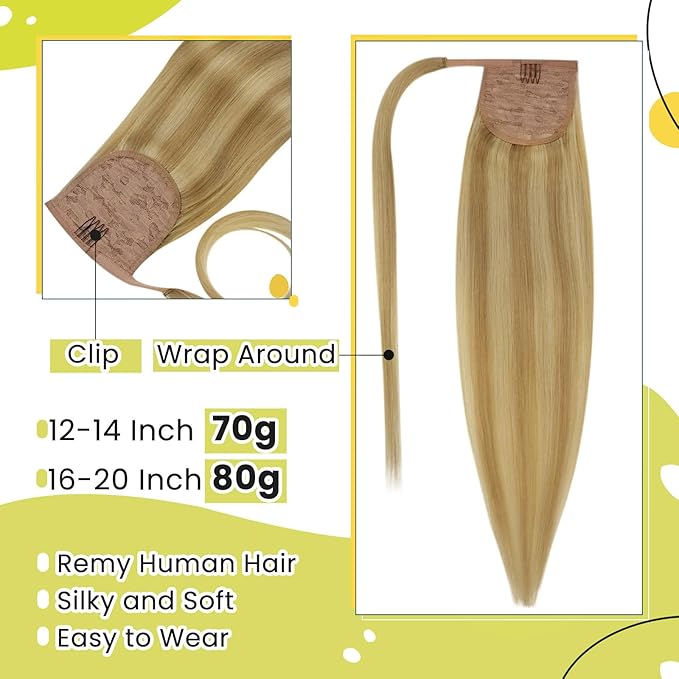 RUNATURE Real Human Hair Ponytail Blonde, 20 Inch Ponytail Extension Human Hair, Long Hair Ponytail Extension, Pony Tail Wrap Around, Remy Natural Hair Add Length, 80g #16P24 Golden Blonde Highlight
