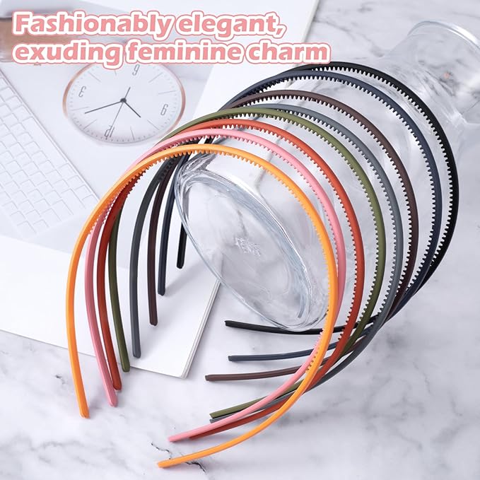 8pcs Thin Skinny Headbands with Teeth, Non-Slip Plain Frosted Headbands for Women, 5mm Plastic Elastic Head Bands for Long Short Straight Curly Hair- 8 Colors