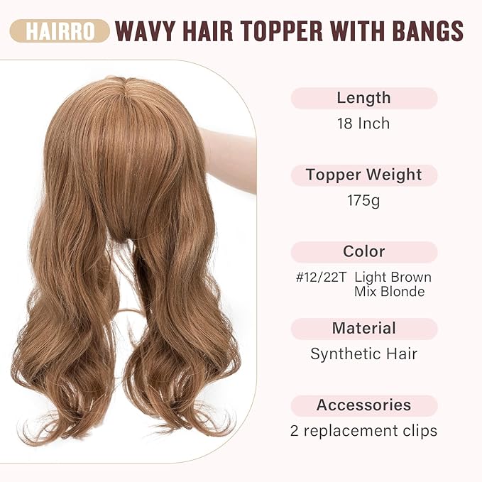 Hairro 18 Inch Long Hair Toppers Wavy with Side Bangs for Women, Clips In Synthetic Hairpieces Capless, for Adding Volume/Birthday/Party/Halloween/Cosplay Dress Up, Light Brown Mix Blonde