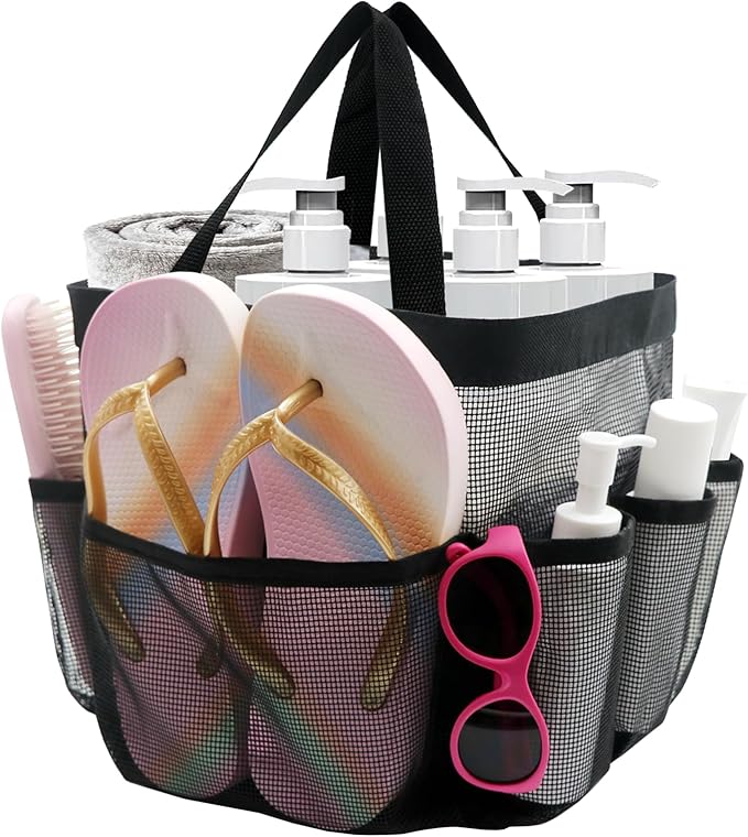 Mesh Shower Caddy Portable, Shower Tote Bag for Dorm Room Essentials, 8 Pockets Large Shower Basket for College Gym Beach Camping (Black)