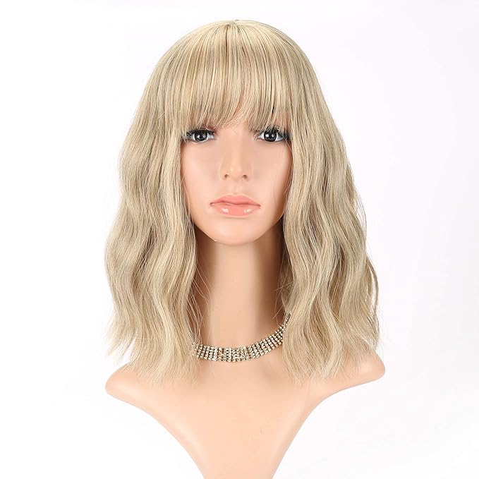 FAELBATY Blonde Wave Short Bob Wigs With Air Bangs Shoulder Length Wig For Women and Girls Curly Wavy Synthetic Cosplay Costume Wig (12" Mix blonde and gold)