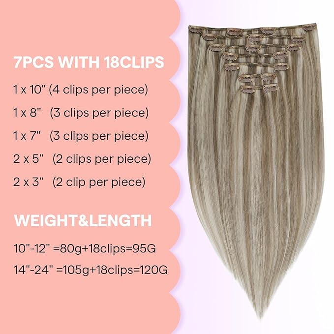 Full Shine Clip In Hair Extensions Real Human Hair, Blonde Clip In Extensions for Thin Hair 7Pcs 120G Real Human Hair Extensions Clip In, Silky Straight Hair 20 Inch