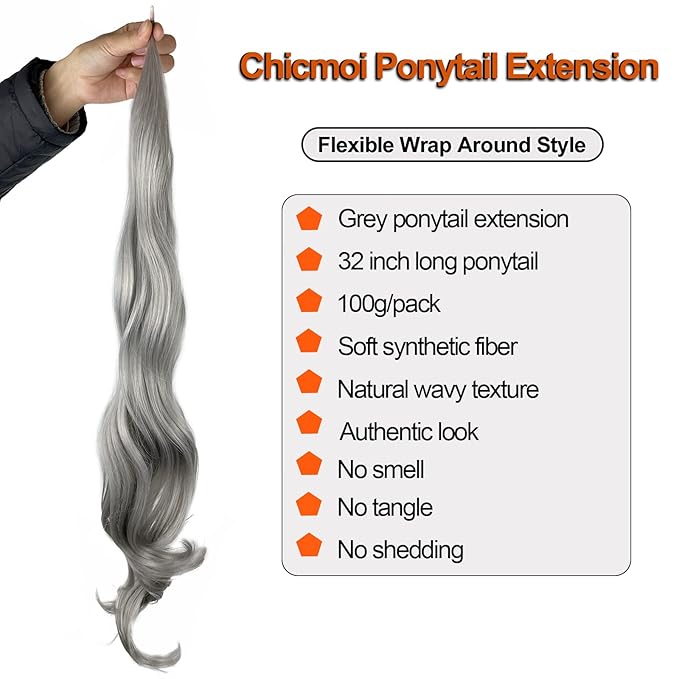 Chicmoi Grey Ponytail Extainson 32 Inch Flexible Wrap Around Ponytail Hair Extension Long Wavy Pony Tails hair Extension Synthetic Hairpieces For Women and Girls