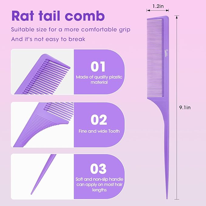 Rat Tail Comb for Women: 2Pcs Purple Fine Tooth Parting Tip Carbon Fiber Root Teasing Anti Static Hair Comb