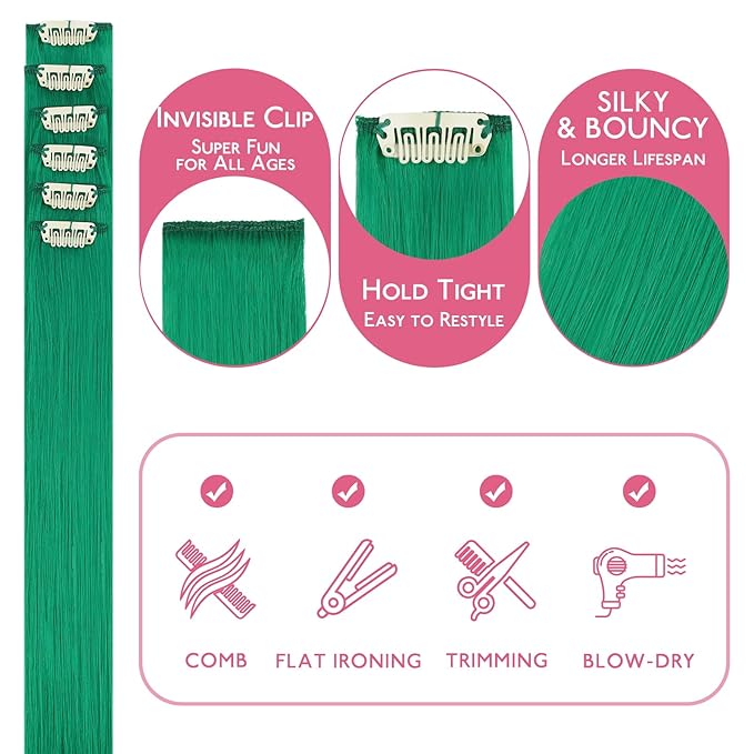 WENNALIFE Green Clip in Hair Extensions Real Human Hair 35g 6pcs 18 Inch Colored Hair Extensions for Kids Women Colorful Hair Pieces Pop-up Style Straight Extensiones De Cabello Humano Con Clip