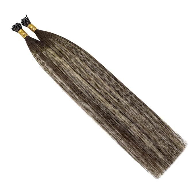 YoungSee Itip Human Hair Extensions Balayage I Tip Hair Extensions Ombre Dark Brown with Ash Blonde I Tips Hair Extension Real Human Hair 80s 50g I-Tips Extension Silky Straight 16Inch