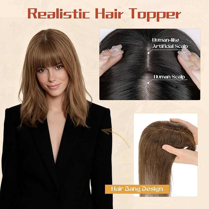 Rich Choices Human Hair Toppers for Women-100% Real Remy Hair Topper with 3D 360°Bang-Upgraded 150% Density 9 * 12CM Lace Base-Clip in Hairs topper for Thinning Hairs-10Inch #4 Medium Brown