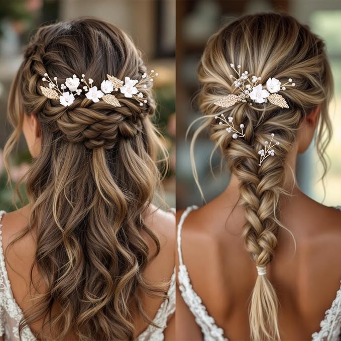 Handmade 6 Piece Flower Wedding Hair Accessories Elegant Bridal Hair Pins with Adorable Flowers Sparkling Rhinestone Gold Leaves and Pearl Accents for Women Brides and Bridesmaids (Gold)