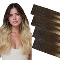 GOO GOO Invisi Edge Tape in Hair Extensions Human Hair, 4/18 Balayage Chocolate Brown Highlighted Dirty Blonde 10pcs injected with 10pcs classical tape ins, 14inch 50g, Virgin Remy Hair, Natural Look