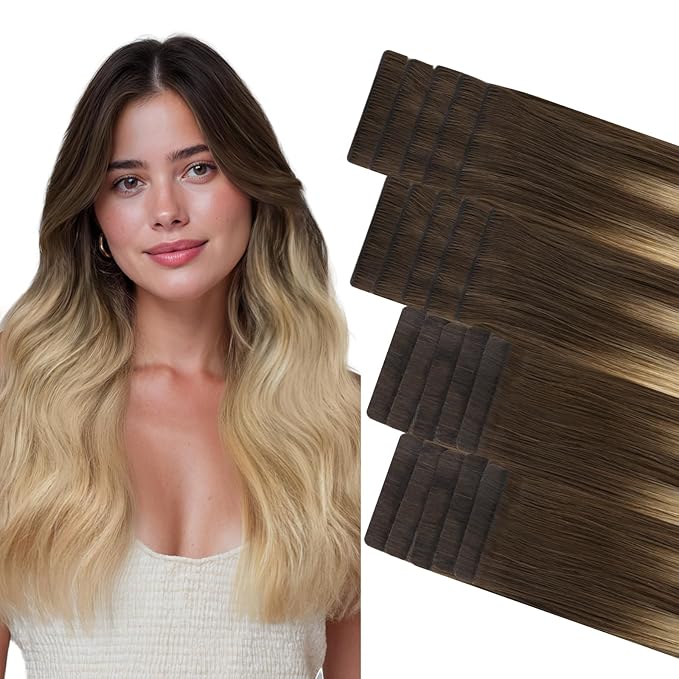 GOO GOO Invisi Edge Tape in Hair Extensions Human Hair, 4/18 Balayage Chocolate Brown Highlighted Dirty Blonde 10pcs injected with 10pcs classical tape ins, 14inch 50g, Virgin Remy Hair, Natural Look