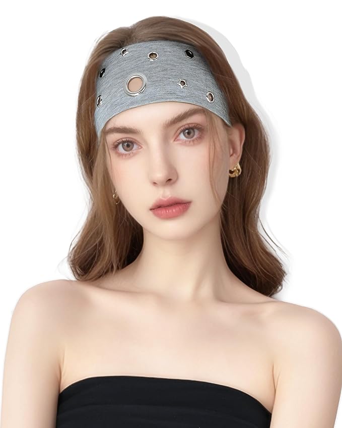 Grommet Headband for Women, Grey Star 23cm Hollow Out Elastic Hair Band, Eyelets Punk Grunge Stylish Hairband