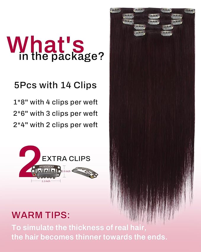Moresoo Dark Red Clip in Hair Extensions Real Human Hair Red Human Hair Extensions Clip ins Burgundy Short And Straight 80g/5pcs 10 inch