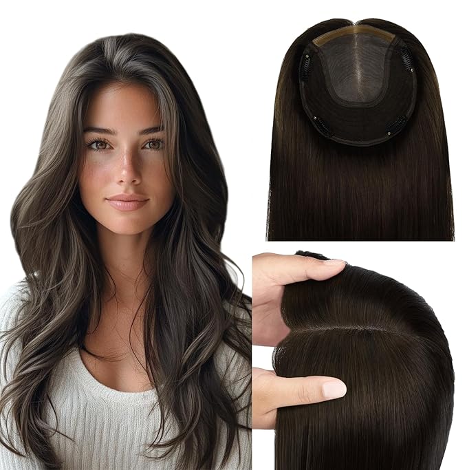 WORLDSTAR Human Hair Toppers for Women Real Human Hair No Bangs 360°3D Coverage Hairpieces Hand-stitched,6 * 7 Inch Base 16Inch #2 Dark Brown,75g with Thinning Hair Upgrade Lace Base (tp#2-16)
