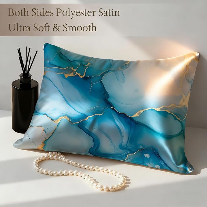 Imitation Silk Pillow Case for Hair and Skin Abstract Blue and Gold Marble 1 Pack Satin Pillow Case Standard Size with Hidden Zipper Smooth Cooling Pillow Cover for Sleeping 20”x26”