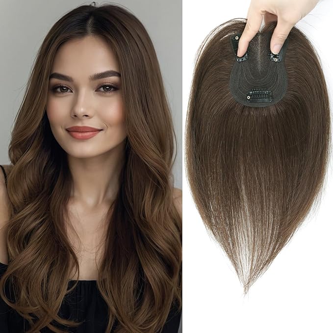 YAMI Hair Toppers for Women Fluffy Human Hair Topper 10inch Handmade Swiss Base Hairpieces 360° Cover Hairloss (Medium Brown)
