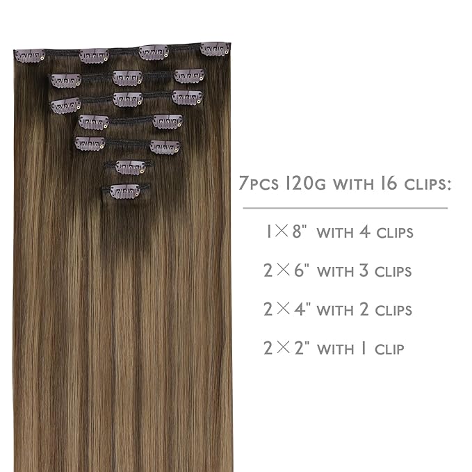 WENNALIFE Clip in Hair Extensions - Real Human Hair, 16 Inch 120g 7pcs, Light Ash Brown to Warm Chocolate Highlighted Caramel Blonde