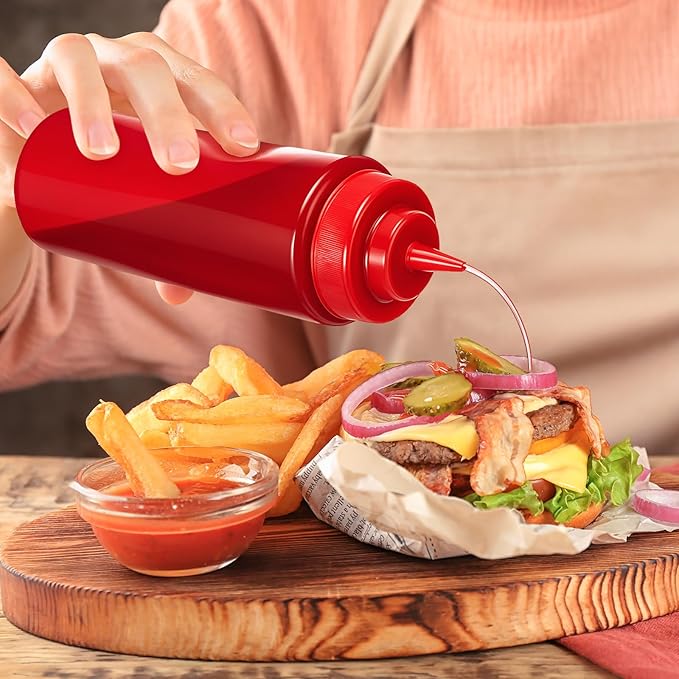 16 Pcs 32 oz Squeeze Bottle Large Plastic Wide Mouth Squeeze Bottles for Condiment Sauces Chocolate Ketchup Mustard BBQ Grill Restaurant (Red)