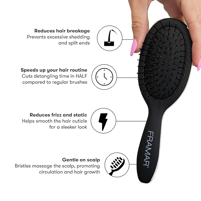 FRAMAR Mini Hair Brush Detangler – Mini Brush For Hair, Small Travel Hair Brush For Women, Travel Hairbrush Detangler, Compact For Travel, Reduces Breakage, For All Hair Types – Matte Black